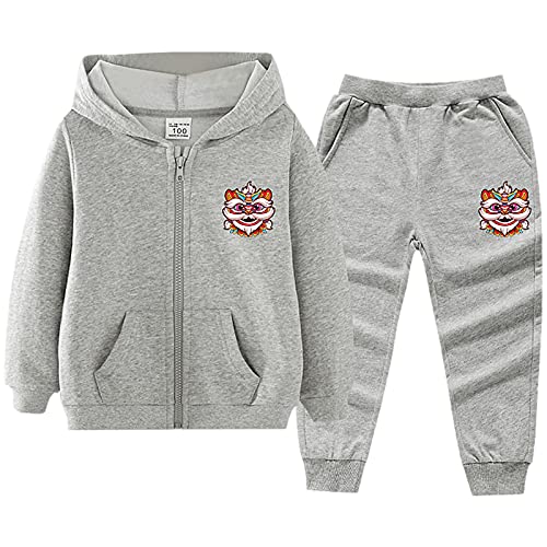 amropi Jungen Jogginganzug Tierdruck Trainingsanzug Kapuzenpullover Jogging Hose Sportanzug Grau, 8-9 Jahre von amropi