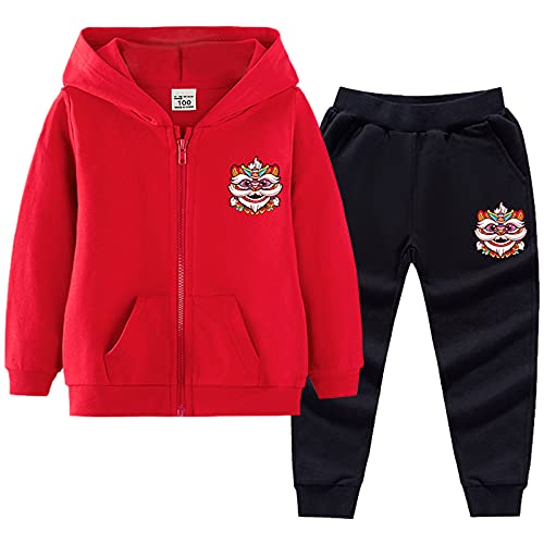 amropi Jungen Jogginganzug Tierdruck Trainingsanzug Kapuzenpullover Jogging Hose Sportanzug Rot Schwarz, 6-7 Jahre von amropi