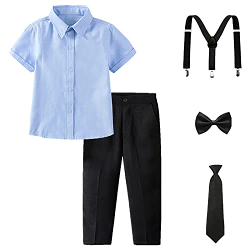 amropi Jungen Kurzarm Bekleidungssets Hemd mit Fliege + Hosenträger Hosen Strampler Anzug Blau Schwarz, 5-6 Jahre von amropi