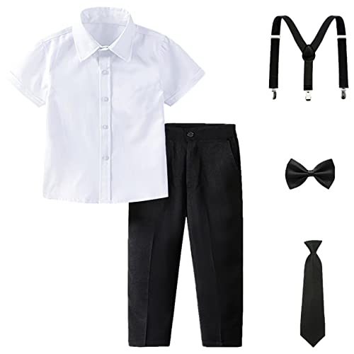 amropi Jungen Kurzarm Bekleidungssets Hemd mit Fliege + Hosenträger Hosen Strampler Anzug Weiß Schwarz, 7-8 Jahre von amropi