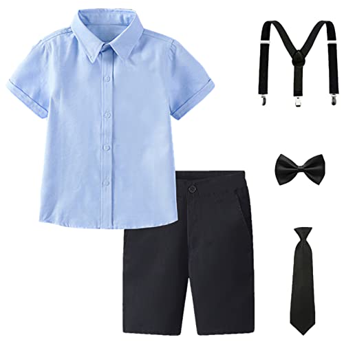 amropi Jungen Kurzarm Bekleidungssets Hemd mit Fliege + Hosenträger Shorts Strampler Anzug Blau Schwarz, 6-7 Jahre von amropi