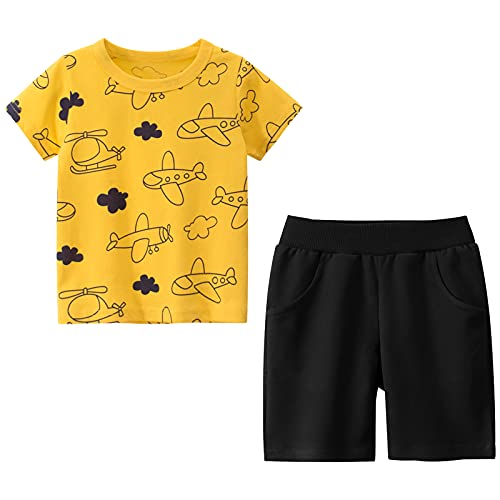 amropi Jungen Kurzarm T-Shirt + Elastischen Hosen Sommer Bekleidungssets für Kinder Gelb Flugzeug Schwarz,3-4 Jahre von amropi