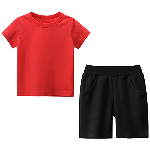 amropi Jungen Kurzarm T-Shirt + Elastischen Hosen Sommer Bekleidungssets für Kinder Rot Schwarz,1-2 Jahre von amropi