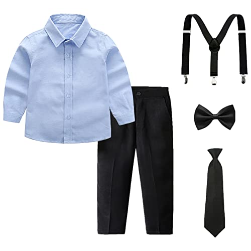 amropi Jungen Langarm Bekleidungssets Hemd mit Fliege + Hosenträger Hosen Strampler Anzug Blau Schwarz, 3-4 Jahre von amropi