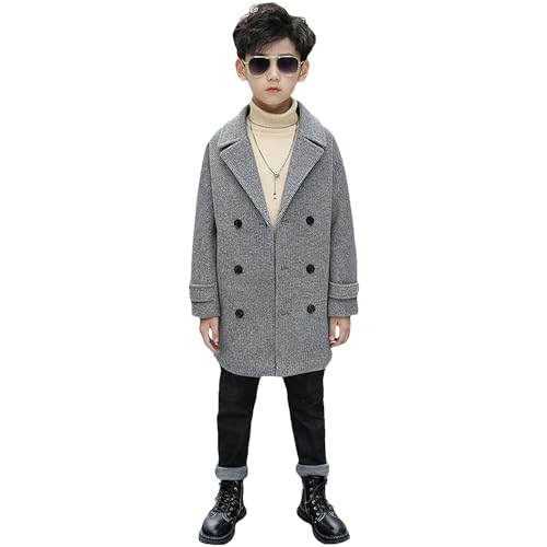 amropi Jungen Mantel Winter Erbsenmantel Doppelten Breasted Trenchcoat Warm Jacke Grau,9-10Jahre von amropi