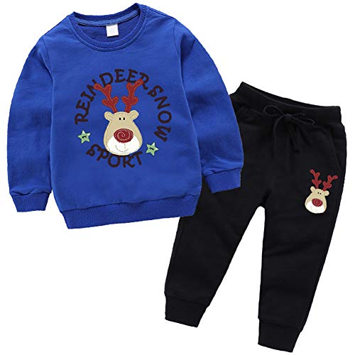 amropi Jungen Rentier Gedruckt Trainingsanzug Sweatshirt Top und Jogging Hose Kleidungsset Blau Schwarz,3-4 Jahre von amropi