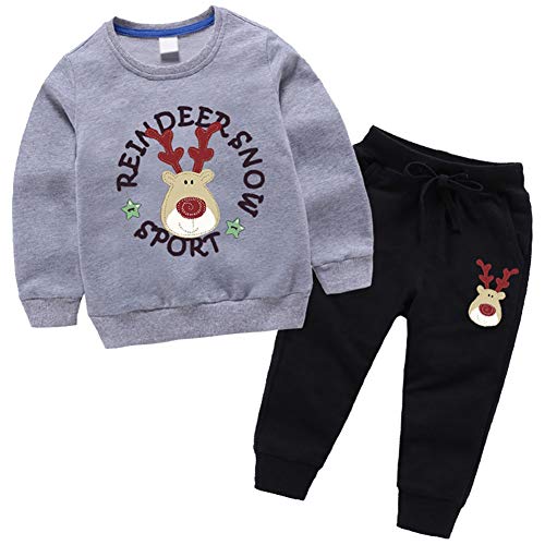 amropi Jungen Rentier Gedruckt Trainingsanzug Sweatshirt Top und Jogging Hose Kleidungsset Grau Schwarz,5-6 Jahre von amropi