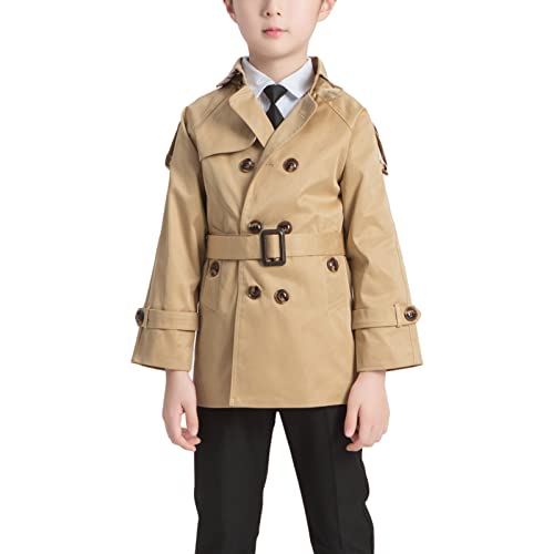 amropi Jungen Trenchcoat Zweireiher Mantel mit Gürtel Windjacke Frühling Herbst Jacke Khaki,8-9 Jahre von amropi
