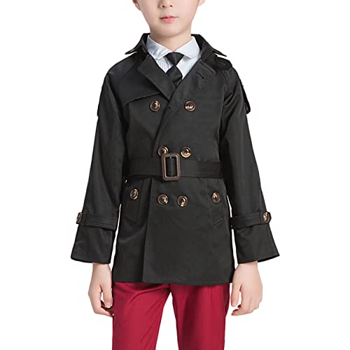 amropi Jungen Trenchcoat Zweireiher Mantel mit Gürtel Windjacke Frühling Herbst Jacke Schwarz,5-6 Jahre von amropi