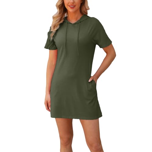 amropi Kapuzenpullover Damen Kurzarm Kleid Sommer Casual Kapuzen Sweatshirt Oberteile mit Tasche Armeegrün,XL von amropi