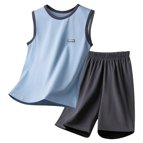 amropi Kinder Jungen Sommer Shorts Tank T-Shirt und Kurze Hosen Kleidung Set Blau, 7-8 Jahre von amropi