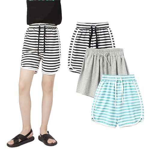 amropi Kinder Mädchen 3er-Pack Shorts Gestreifte Kurze Hose Sommer Sporthose Grau Schwarz Grün, 7-8 Jahre von amropi