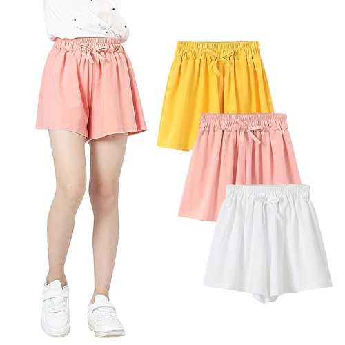 amropi Kinder Mädchen 3er-Pack Shorts Gestreifte Kurze Hose Sommer Sporthose Rosa Weiß Gelb, 5-6 Jahre von amropi