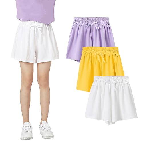 amropi Kinder Mädchen 3er-Pack Shorts Gestreifte Kurze Hose Sommer Sporthose Weiß Gelb Lila, 3-4 Jahre von amropi