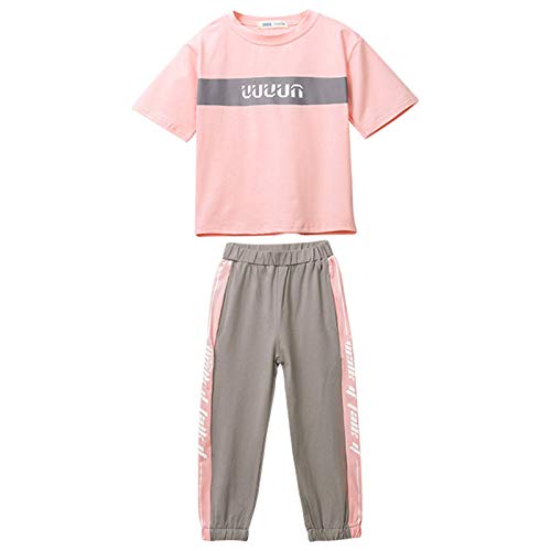 amropi Kinder Mädchen Kurzarm Outfits Brief T-Shirt + Jogging Hosen Sommer Kleidung Set Rosa Grau, 5-6 Jahre von amropi