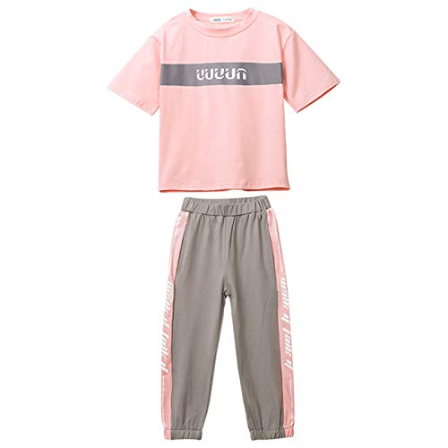 amropi Kinder Mädchen Kurzarm Outfits Brief T-Shirt + Jogging Hosen Sommer Kleidung Set Rosa Grau, 7-8 Jahre von amropi