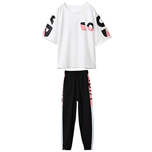 amropi Kinder Mädchen Kurzarm Outfits Brief T-Shirt + Jogging Hosen Sommer Kleidung Set Weiß Schwarz, 10-11 Jahre von amropi