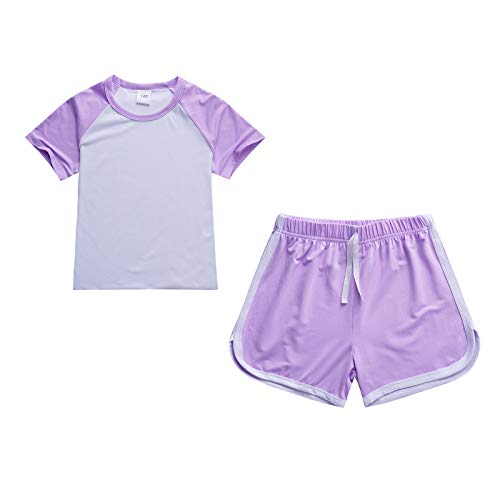 amropi Kinder Mädchen Sommer Outfit Kleidung Kurzarm T-Shirt + Kurze Hosen Set Violett, 11-12 Jahre von amropi