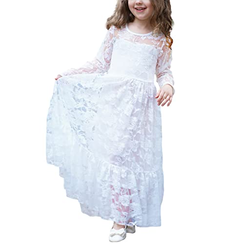 amropi Kinder Spitzenkleid Prinzessin Kleid Mädchen Hochzeit Blumen Partykleid mit großen Bogen Weiß,7-8 Jahre von amropi