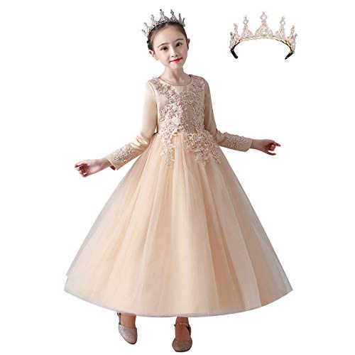 amropi Lang Prinzessin Kleid Mädchen 3D Blumen Stickerei Tüll Tutu Lang Kleider + Krone Champagner, 11-12 Jahre von amropi