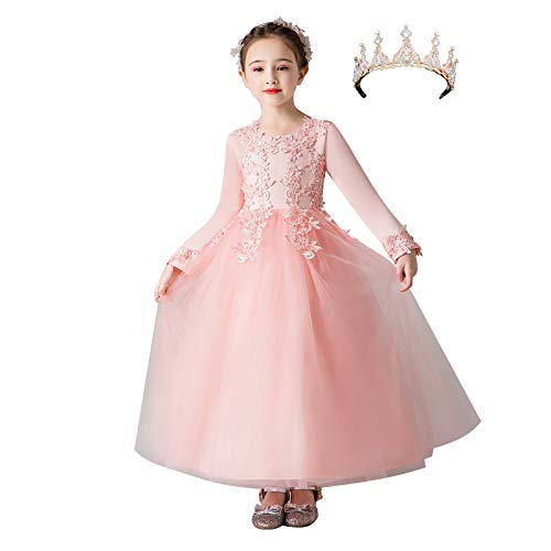 amropi Lang Prinzessin Kleid Mädchen 3D Blumen Stickerei Tüll Tutu Lang Kleider + Krone Rosa, 5-6 Jahre von amropi