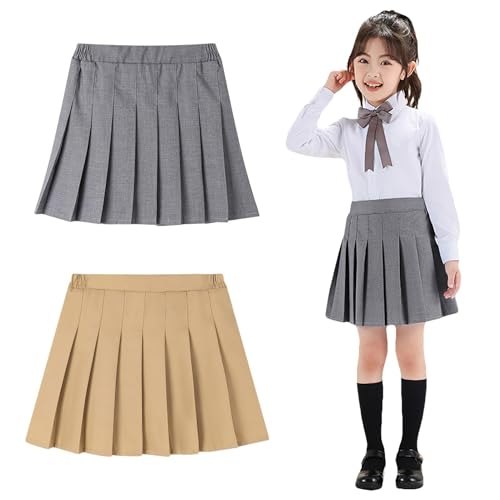 amropi Mädchen 2 Stück Plisseerock Tennisrock Skater Rock Sportrock Kinder Schuluniform Minirock Grau Khaki,7-8 Jahre von amropi