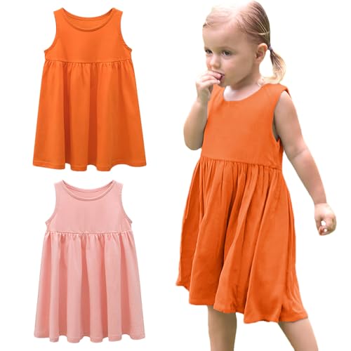 amropi Mädchen 2er Pack Baumwollkleid Ärmellos A-Linie Sommerkleid Lässig Einfarbig Kleider Rosa Orange,5-6 Jahre von amropi