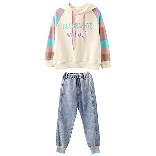 amropi Mädchen Bekleidungsset Hoodie Sweatshirt Jeans Hose Jogginganzug Trainingsanzug Beige Blau,3-4 Jahre von amropi