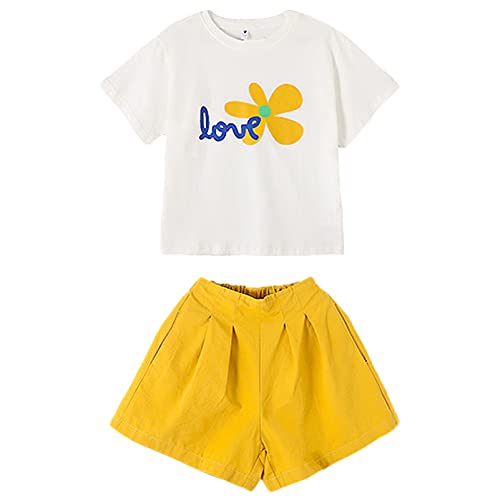 amropi Mädchen Blumendruck Kurzarm T-Shirt Top+ Shorts Sommer Kleidung Set Gelb Weiß, 9-10 Jahre von amropi
