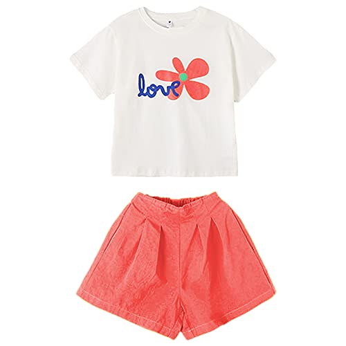 amropi Mädchen Blumendruck Kurzarm T-Shirt Top+ Shorts Sommer Kleidung Set Rot Weiß, 9-10 Jahre von amropi