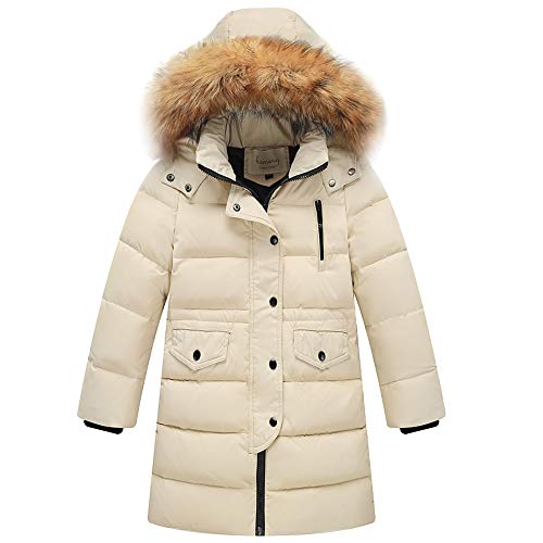 amropi Mädchen Daunenjacken mit Fell Kapuze Lang Winterjacke Kälteschutz Wasserabweisend Verdickte Daunenmantel (Beige,2-3 Jahre) von amropi