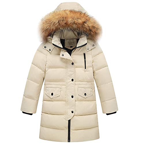 amropi Mädchen Daunenjacken mit Fell Kapuze Lang Winterjacke Kälteschutz Wasserabweisend Verdickte Daunenmantel (Beige,9-10Jahre) von amropi