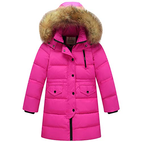 amropi Mädchen Daunenjacken mit Fell Kapuze Lang Winterjacke Kälteschutz Wasserabweisend Verdickte Daunenmantel (Rosenrot,12-13Jahre) von amropi