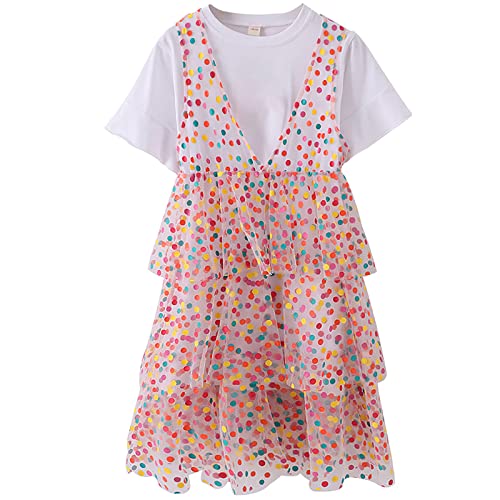 amropi Mädchen Gepunktet Kleider Kurzarm T-Shirt Sommerkleid Prinzessin Tüll Tutu Kleid Weiß,12-13 Jahre von amropi