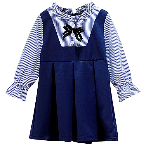 amropi Mädchen Gestreift Kleider Langarm Baumwolle Rüschenkleid Schleife A-Linie Kleid Blau Gestreift,7-8 Jahre von amropi