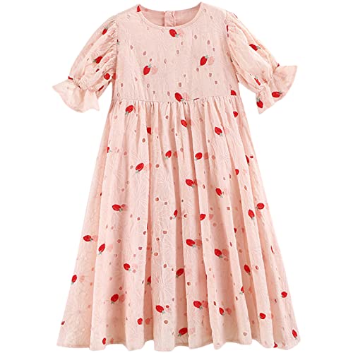 amropi Mädchen Kleider Kurzarm Baumwolle Erdbeere Sommerkleid Prinzessin Kinder Kleid Rosa-2,6-7 Jahre von amropi