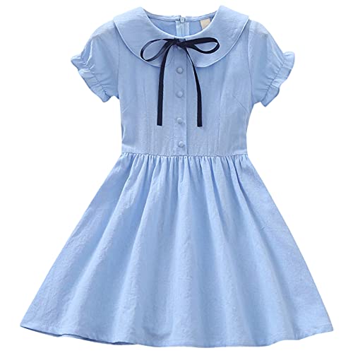 amropi Mädchen Kleider Kurzarm Baumwolle Schleife Sommerkleid Prinzessin Kinder Kleid Blau,7-8 Jahre von amropi