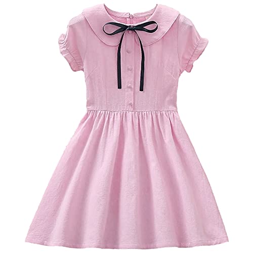 amropi Mädchen Kleider Kurzarm Baumwolle Schleife Sommerkleid Prinzessin Kinder Kleid Rosa,8-9 Jahre von amropi