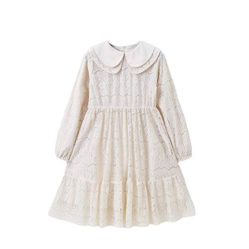 amropi Mädchen Kleider Sommerkleid Lace Blume Baumwolle Langarm Lässige Kinderkleidung Beige, 11-12 Jahre von amropi