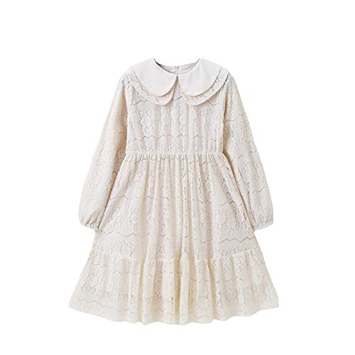 amropi Mädchen Kleider Sommerkleid Lace Blume Baumwolle Langarm Lässige Kinderkleidung Beige, 7-8 Jahre von amropi