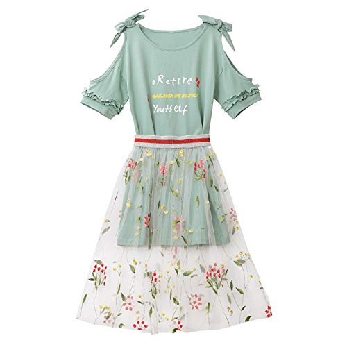 amropi Mädchen Kurzarm Aufdruck T-Shirt + Tulle Rock Sommer Outfits Kleidung Set Grün, 9-10 Jahre von amropi