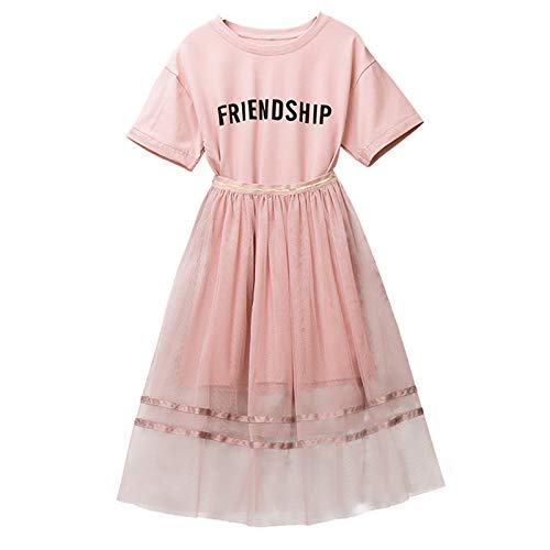amropi Mädchen Kurzarm Aufdruck T-Shirt + Tulle Rock Sommer Outfits Kleidung Set Rosa, 5-6 Jahre von amropi