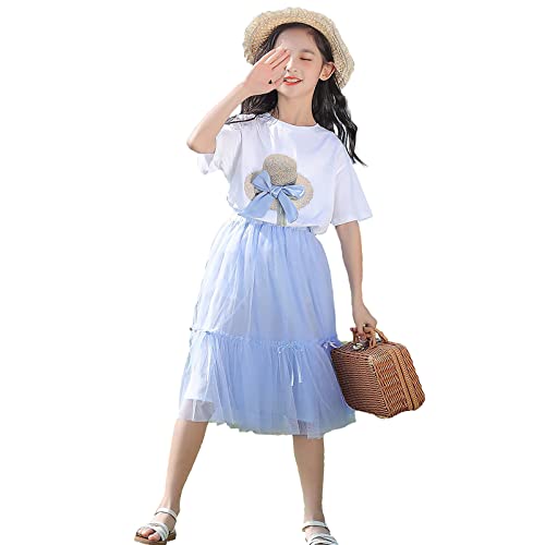 amropi Mädchen Kurzarm Bowknot T-Shirt Top + Tüllrock Sommer Outfits Kleidung Set Blau, 10-11 Jahre von amropi