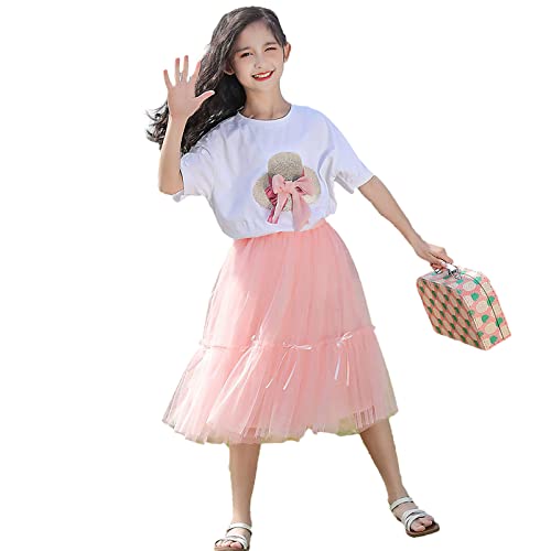 amropi Mädchen Kurzarm Bowknot T-Shirt Top + Tüllrock Sommer Outfits Kleidung Set Rosa, 5-6 Jahre von amropi