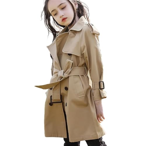 amropi Mädchen Langarm Trenchcoat mit Gürtel Einfarbig Windjacke Parka for 4-15 Jahre alt (Khaki,120cm) von amropi