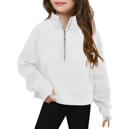 amropi Mädchen Pullover Halber Reißverschluss Sweatshirts Stehkragen Langarm Oberteile mit Taschen Weiß,10-11 Jahre von amropi