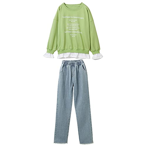 amropi Mädchen Trainingsanzug Gestreift Pullover Sweatshirt Jeans Hose Bekleidungsset Grün Blau,5-6 Jahre von amropi