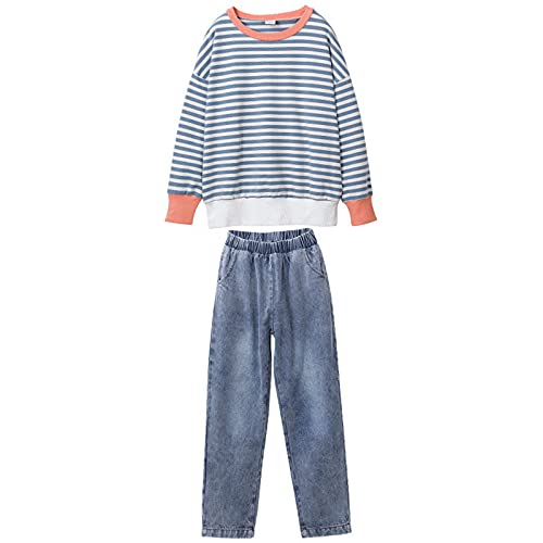 amropi Mädchen Trainingsanzug Gestreift Pullover Sweatshirt Jeans Hose Bekleidungsset Marine Blau,13-14 Jahre von amropi
