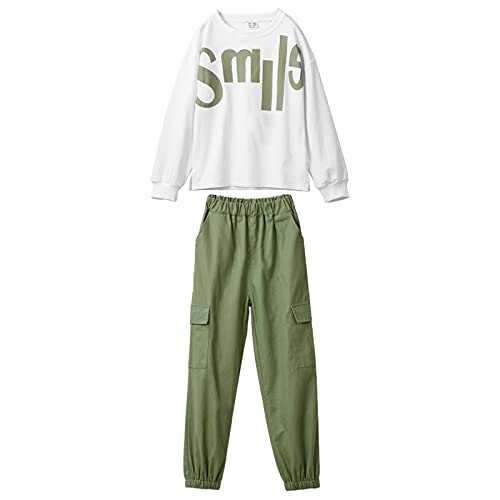 amropi Mädchen Trainingsanzug Gestreift Pullover Sweatshirt Jogging Hose Bekleidungsset Weiß Grün,7-8 Jahre von amropi