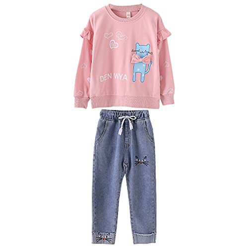 amropi Mädchen Trainingsanzug Katze Gedruckt Pullover Sweatshirt Jeans Hose Bekleidungsset Rosa Blau,11-12 Jahre von amropi